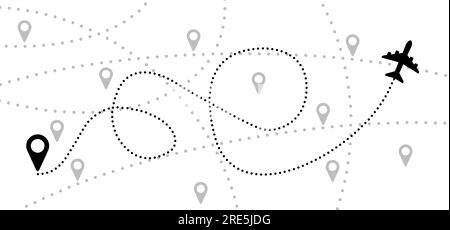 Soaring air plane line path. Take Off airplane, flight route with start point. Vector Aircraft sign. Location pointer. Tracking, vacation, holliday. T Stock Photo