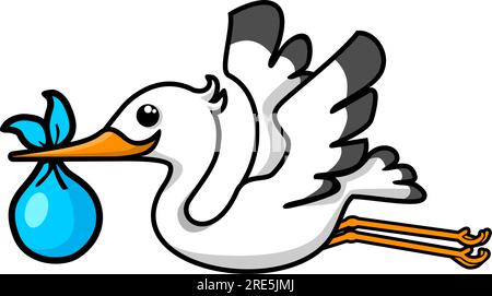 Cartoon stork carrying baby in bag. Can be used for cards, flyers, posters, t-shirts. Vector on transparent background Stock Vector