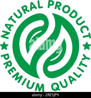 Natural product icon label. Premium quality logo badges with green leaves. Vegan, eco bio food emblem healthy goods. Vector on transparent background Stock Vector