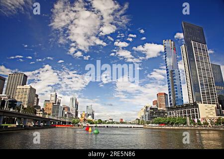 View of the Yarra River and the cityscape from the Yarra Promenade around the King Street Bridge, Melbourne, Australia Stock Photo