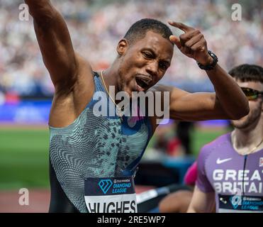 Zharnel Hughes of GB & NI celebrating setting a new national record in a time of 19.73 in the men’s 200m at the Wanda Diamond League London Event, Lon Stock Photo