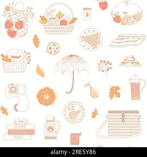 Cozy autumn picnic seamless pattern. Line vector background with cute fall elements, orange, yellow leaves, apple, pear harvest, eco bag, basket. Stock Vector