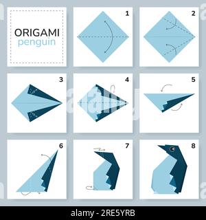 Origami tutorial for kids. Origami cute penguin. Stock Vector