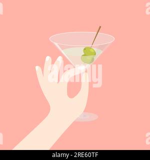 A hand holds a glass in an elegant way. Martini cocktail with olives. Vector illustration in trendy flat style isolated on pink background. Stock Vector