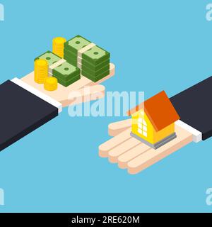 Isometric hands hold money and small house. Purchase of property. Process of buying an apartment, investment. Real estate agent vector. Stock Vector