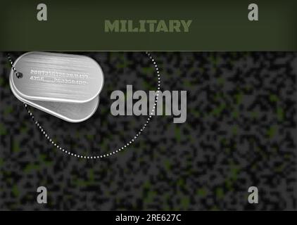 Metal silver military badge with a chain on a military background. Vector illustration Stock Vector