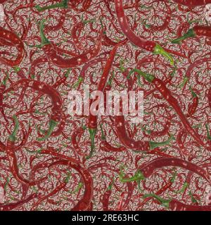 Seamless repeating pattern of red cayenne peppers on black background.  May be tiled horizontally or vertically to form a seamless pattern. Stock Photo