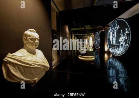 Naples Italy. 19th July 2023. A statue is displayed in a vitrine