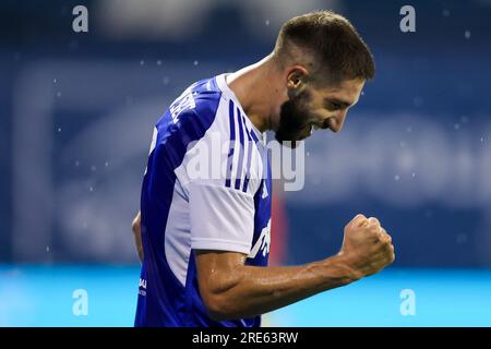 Zagreb, Croatia. 15th July, 2023. Luka Ivanusec of Dinamo Zagreb leaves the  pitch with an injury during the Supersport Supercup match between GNK Dinamo  Zagreb and HNK Hajduk Split at Maksimir stadium