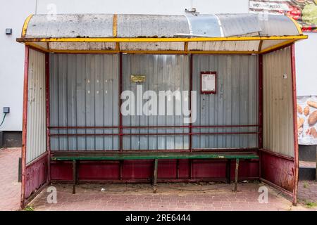 Bus shelter in a  Polish village, rural area community, Polish countryside scenery, Village lifestyle. Poverty. Stock Photo