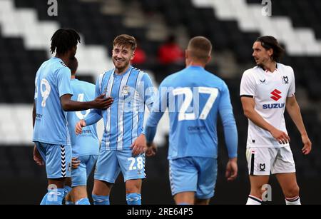 Coventry City's Josh Eccles (centre left) celebrates scoring their side's third goal of the game during the pre-season friendly match at Stadium MK, Milton Keynes. Picture date: Tuesday July 25, 2023. Stock Photo