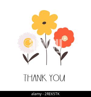 Thank you card with simple cute doodle flowers. Vector illustration Stock Vector