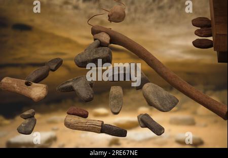 Neolithic Art - Weapons and hunting objects from various museums dating back to the Neolithic era Stock Photo