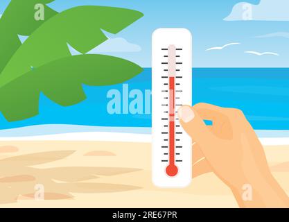 hand holding thermometer on the beach, hot weather, global warming concept - vector illustration Stock Vector