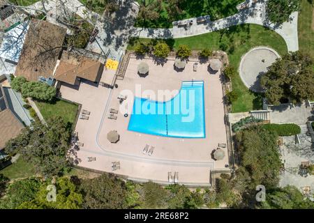 Aerial view of recreational facilities with swimming pool in private residential community in La Jolla, California, USA. April 15st, 2022 Stock Photo