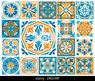 Moroccan and azulejo tile patterns. Majolica, talavera ornaments, flower and leaf ceramic mosaic. Vector portuguese, spanish or mexican tiles for wall and floor with arabesque pattern and floral motif Stock Vector