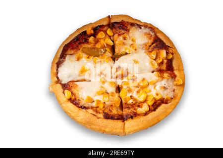 Corn pizza isolated on white background. Top view. Stock Photo