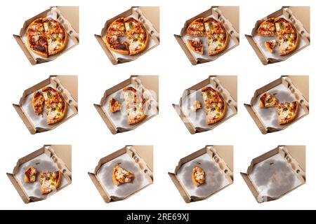 Set of pizza in cardboard box isolated on white background. Stock Photo