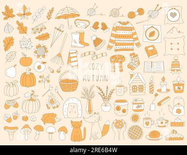 Set of hand drawn elements symbolizing autumn, comfort, harvest. Color monochrome design objects for fall, autumn design. Warm clothes, leaves, hot dr Stock Vector