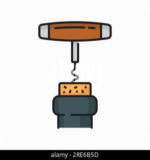 Corkscrew twisted spin to open wine with wooden handle isolated color outline icon. Vector object to uncork winery drinks, wine bottle opener Stock Vector