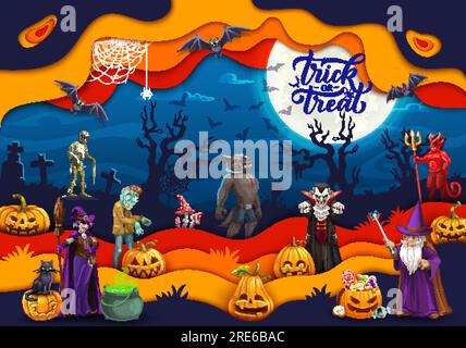 Halloween paper cut landscape with characters. Vector holiday mummy, zombie, witch, black cat and werewolf, devil, vampire or wizard personages. Papercut double exposition design with 3d effect frame Stock Vector