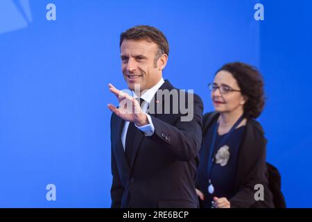 VILNIUS, LITHUANIA. 12th July 2023. Emmanuel Macron, President of France, during NATO SUMMIT 2023 doorstep. Stock Photo