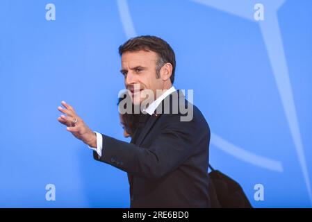 VILNIUS, LITHUANIA. 12th July 2023. Emmanuel Macron, President of France, during NATO SUMMIT 2023 doorstep. Stock Photo