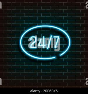 Frame banner in the shape of an ellipse. Open 24 7. Hours Neon Light on Brick Wall.Vector Illustration. Stock Vector