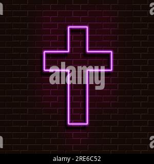Neon purple christian cross on a brick wall. Decorative realistic retro element for web design. Vector Illustration. Stock Vector