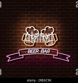 Beer bar neon light banner on a brick wall. Orange and pink sign. Decorative realistic retro element for web design Stock Vector