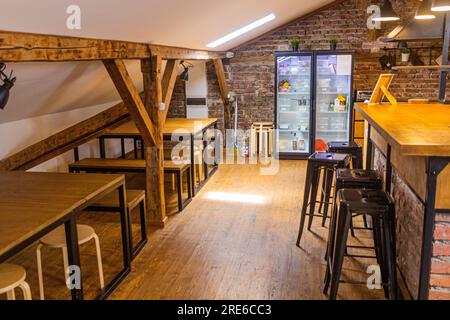 BURGAS, BULGARIA - JULY 24, 2019: Common room of A16 Hostel in Burgas, Bulgaria Stock Photo