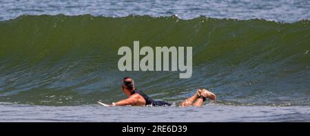 A surfer laying down on his surfboard looking backwords at a wave forming behind him that he is hoping to catch and ride Stock Photo