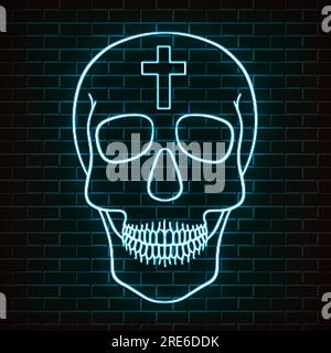 Traditional sugar skull. Element of design for the day of the dead. Neon light on a brick background. Stock Vector