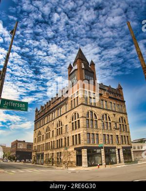 The Pythian Castle in Toledo, Ohio, is a Romanesque-style building built in 1890. Located in Toledo's Center City at the corner of Jefferson Avenue an Stock Photo