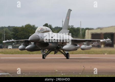 E-615, a General Dynamics F-16BM Fighting Falcon operated by the Royal Danish Air Force (RDAF), arriving at RAF Fairford in Gloucestershire, England to participate in the Royal International Air Tattoo 2023 (RIAT 2023). Stock Photo