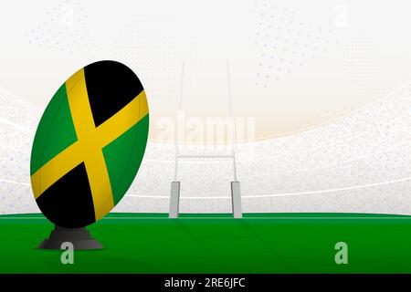 Jamaica national team rugby ball on rugby stadium and goal posts, preparing for a penalty or free kick. Vector illustration. Stock Vector