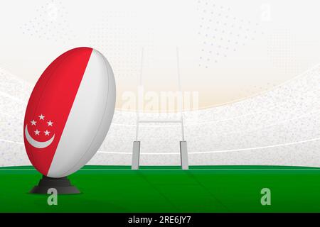 Singapore national team rugby ball on rugby stadium and goal posts, preparing for a penalty or free kick. Vector illustration. Stock Vector