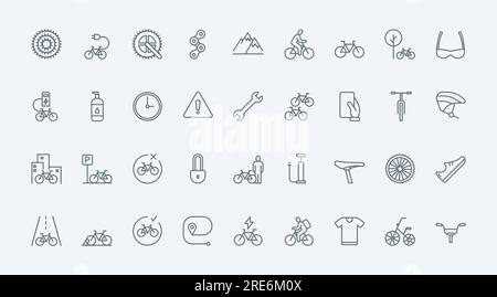 Bike shop, repair service and rent thin line icons set vector illustration. Linear pictograms of cyclists gears and electric or mountain bike elements, mobile tracker for bicycle sharing and rental Stock Vector