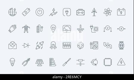 Electricity, electric circuit symbols thin line icons set vector illustration. Outline voltage power lines and lightning charge, protection gear and equipment of electrician and bulb, plug and socket Stock Vector