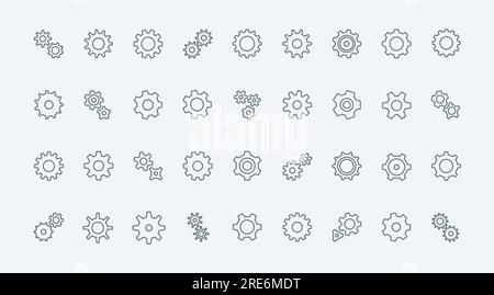 Gears and cogwheels thin line icons set vector illustration. symbols of circle transmission gears for factory machinery and machine engine, bike and clock sprocket, teamwork progress and setting signs Stock Vector