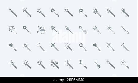 Magic wand thin line icons set vector illustration. Linear pictograms of wizards hand and hat for illusion tricks with stars and sparkles effect, magician outline symbols of imagination and miracle Stock Vector