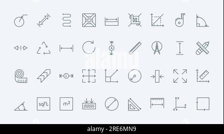 Dimension, area and measure thin black line icons set vector illustration. Outline infographic pictograms of length, height and width measurement, circular and straight lines with arrows and scales Stock Vector