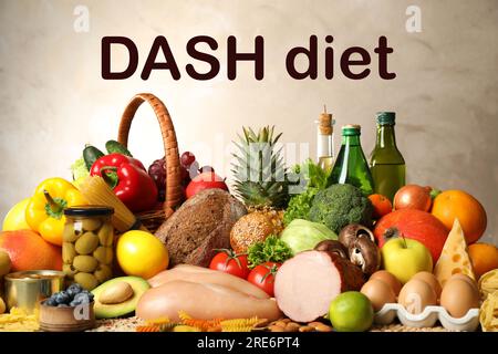 Balanced food for DASH diet to stop hypertension. Assortment of different  products on white background Stock Photo - Alamy