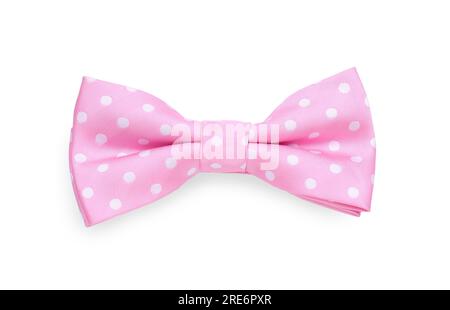 Stylish pink bow tie with polka dot pattern on white background, top view Stock Photo