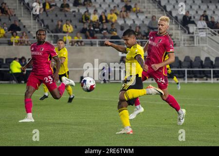 COLUMBUS, OH - JUNE 03: Columbus Crew forward Cucho Hernandez (9) during  the first half in a game against Charlotte FC on June 3, 2023, at Lower.com  Field in Columbus, Ohio. (Photo