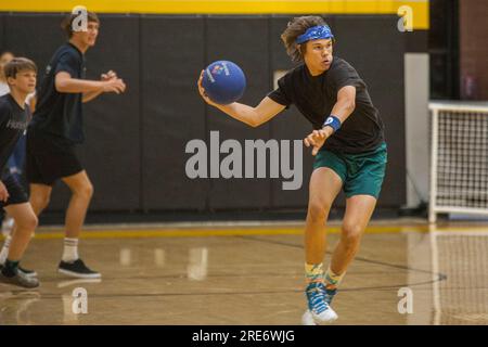 April 22, 2016: High school athletes in San Clemente, CA, play a dodge ball game in the school gymnasium. (Credit Image: © Spencer Grant/ZUMA Press Wire) EDITORIAL USAGE ONLY! Not for Commercial USAGE! Stock Photo