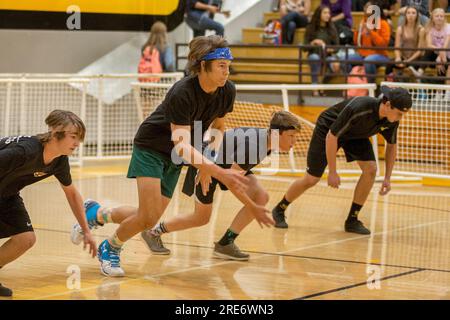 April 22, 2016: High school athletes in San Clemente, CA, prepare for a dodge ball game in the school gymnasium. (Credit Image: © Spencer Grant/ZUMA Press Wire) EDITORIAL USAGE ONLY! Not for Commercial USAGE! Stock Photo