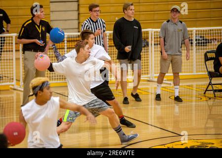 April 22, 2016: High school athletes in San Clemente, CA, play a dodge ball game in the school gymnasium. (Credit Image: © Spencer Grant/ZUMA Press Wire) EDITORIAL USAGE ONLY! Not for Commercial USAGE! Stock Photo