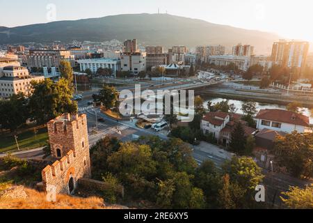 Sun sets on stone walls at Kale Fortress, Skopje, North Macedonia. The fort's history dates back to 6th century CE. Stock Photo