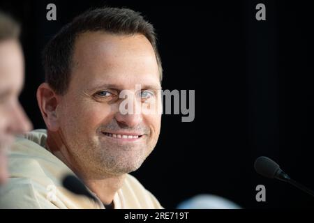 Wyong, Australia. 26th July, 2023. Soccer, Women: World Cup, Germany, Press conference: Panagiotis 'Joti' Chatzialexiou, Sports Director National Teams, speaks. Credit: Sebastian Christoph Gollnow/dpa/Alamy Live News Stock Photo